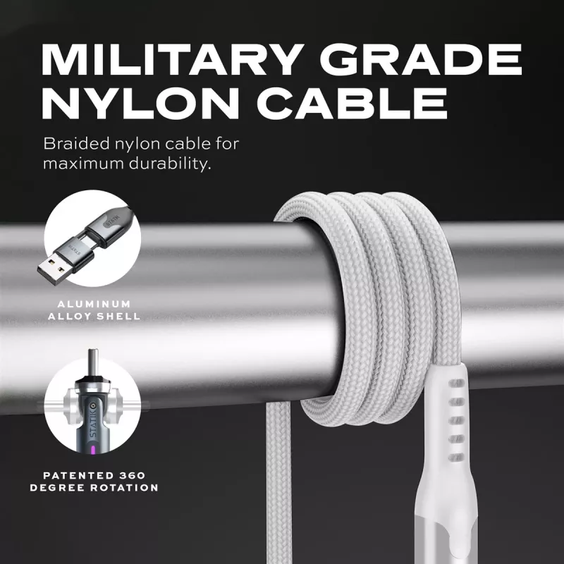 STATIK PowerPivot Pro Nylonový pletený kábel, USB-C na USB-C, 1 m, biely