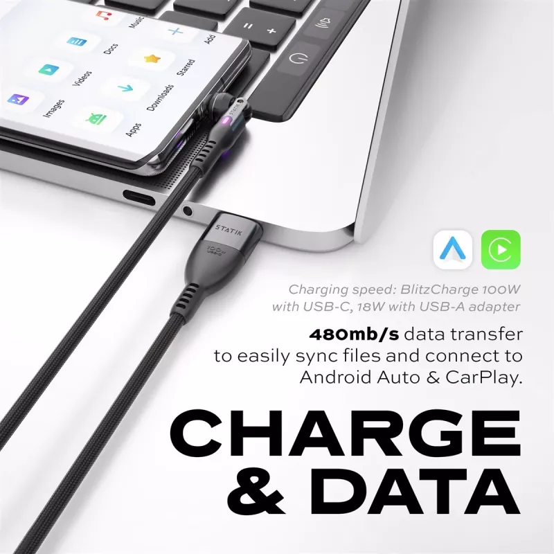 STATIK PowerPivot Pro Nylonový pletený kábel, USB-C na USB-C, 2 m, čierny