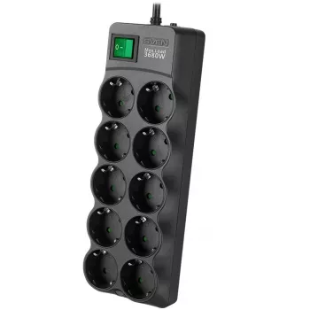 SVEN SF-10E-16 prepäťová ochrana predlžovacia zásuvka, 10 zásuviek, 16A, 3,6kW, 1,8m, čierna