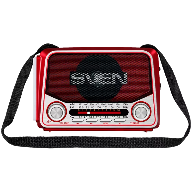Reproduktor SVEN SRP-150 prenosný, červený (3W, Bluetooth, FM/AM/SW, USB, microSD, baterka, batéria)