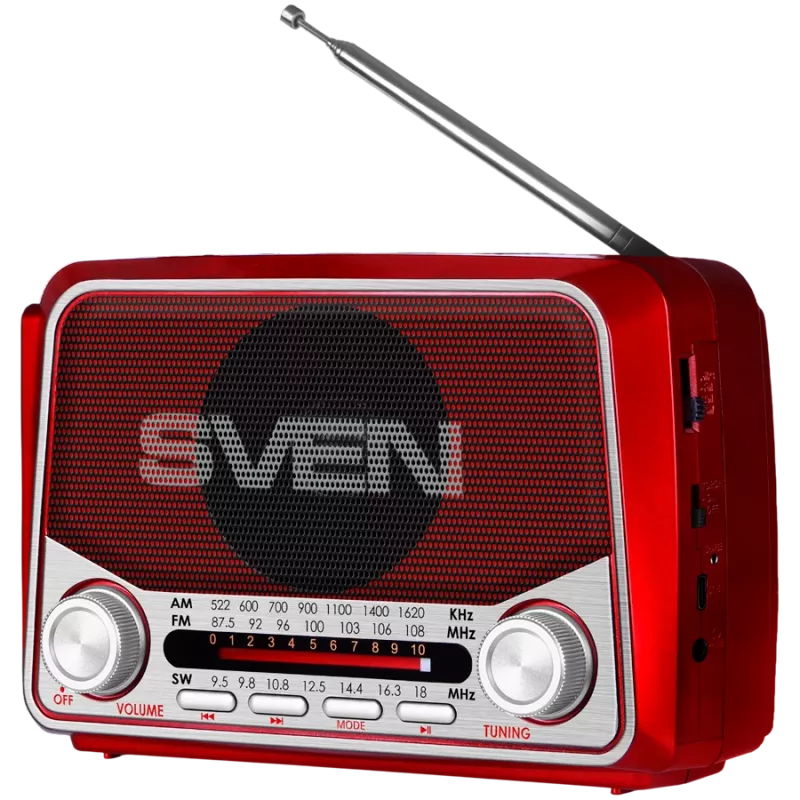 Reproduktor SVEN SRP-150 prenosný, červený (3W, Bluetooth, FM/AM/SW, USB, microSD, baterka, batéria)