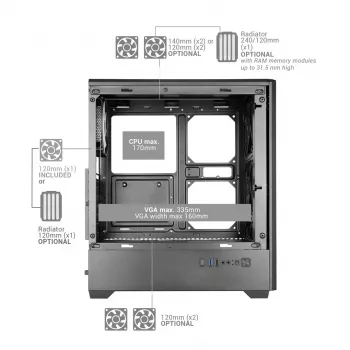 TACENS MARS MC-QUANTUM Mid-Tower ATX skriňa s 3x120mm FDB ventilátormi + 1x120mm ARGB ventilátorom, USB-C, tvrdené sklo, čierna