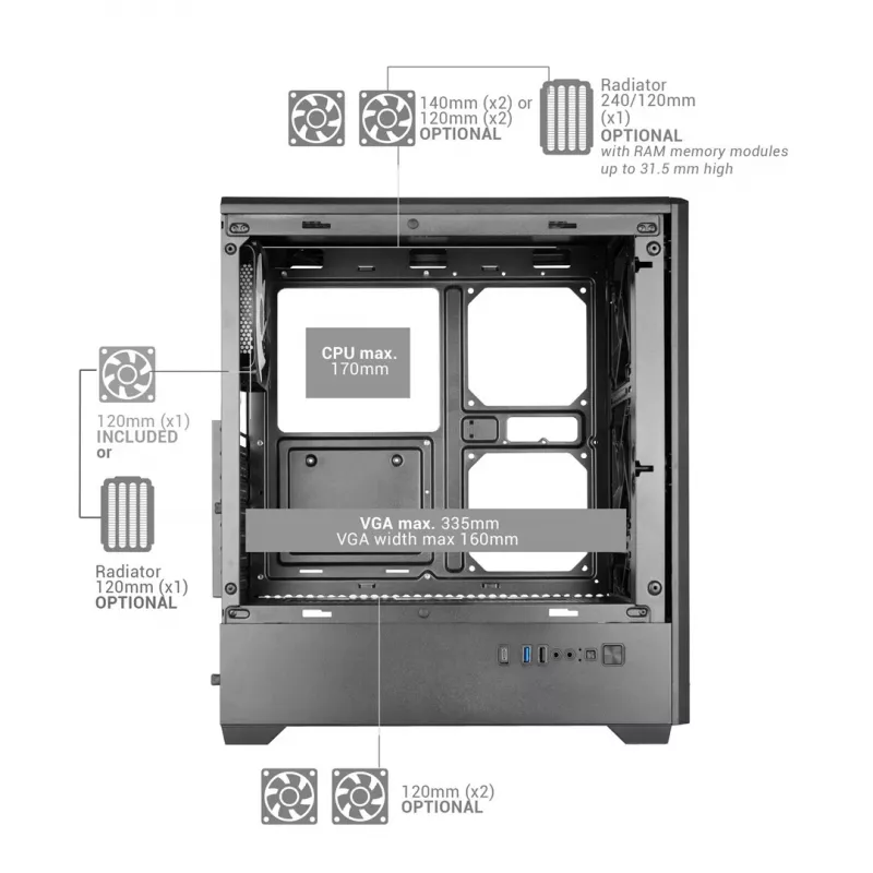 TACENS MARS MC-QUANTUM Mid-Tower ATX skriňa s 3x120mm FDB ventilátormi + 1x120mm ARGB ventilátorom, USB-C, tvrdené sklo, čierna