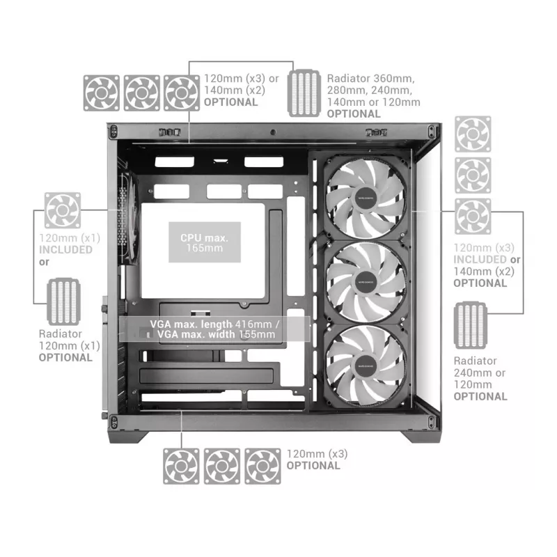 TACENS MARS MC-V5 4xARGB USB-C ATX Mid-Tower skriňa s tvrdeným sklom