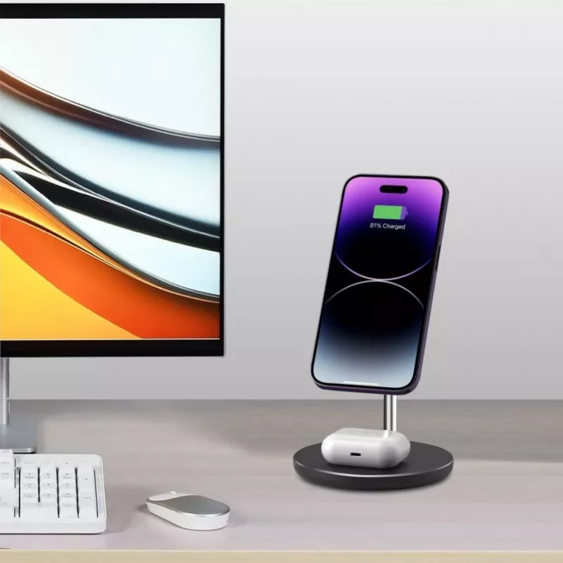 Tech-Protect QI15W-A21 MagSafe 15W indukčná nabíjačka s 2-in-1 stojanom na smartfón/slúchadlá - čierna
