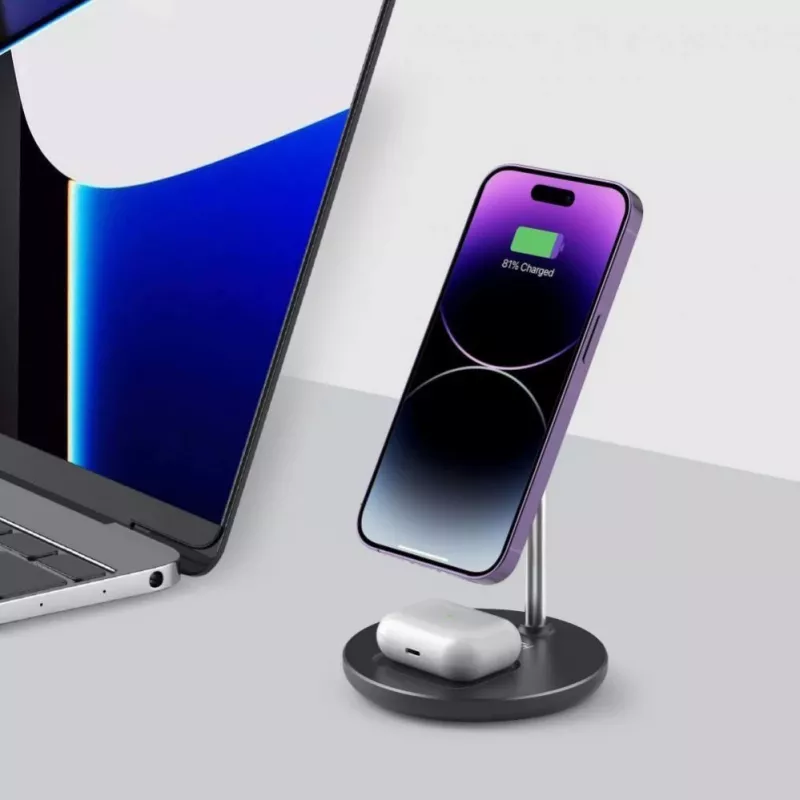 Tech-Protect QI15W-A21 MagSafe 15W indukčná nabíjačka s 2-in-1 stojanom na smartfón/slúchadlá - čierna