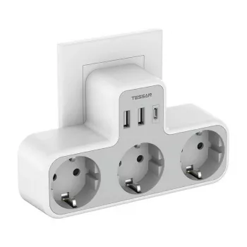 TESSAN Nástenná Zásuvka TS-323-DE-C s 3 AC Zásuvkami a 3 USB-A Konektormi, 16A, 3680W, Biela