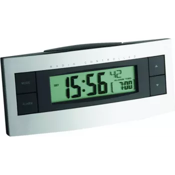 TFA 60.2511 rádiom riadené budík - čierny/strieborný - LCD displej - vnútorná teplota - funkcia odloženia - modré podsvietenie - 2x AAA