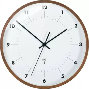 TFA Dostmann rádiové nástenné hodiny s dreveným rámom, priemer 25,5 cm, biely ciferník, arabské číslice, na batérie, DCF77 98.1097