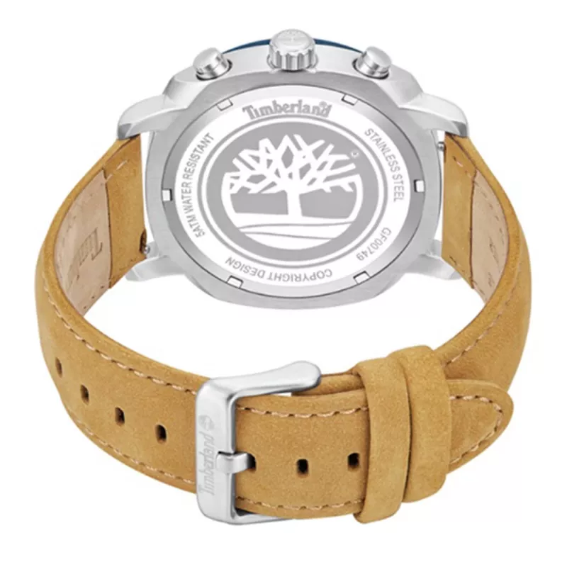 TIMBERLAND pánske analógové quartzové hodinky TDWGF0074901 – modrý ciferník, hnedý kožený remienok, 46mm