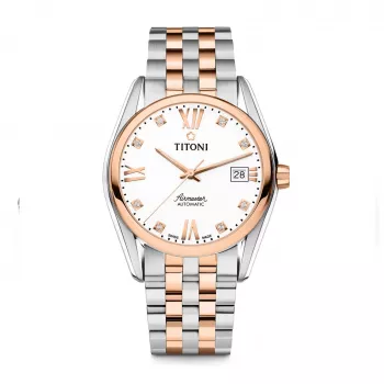 TITONI pánske automatické hodinky 83909SRG-063 38,5mm ružové zlato PVD nehrdzavejúca oceľ strieborný ciferník hnedý kožený remienok
