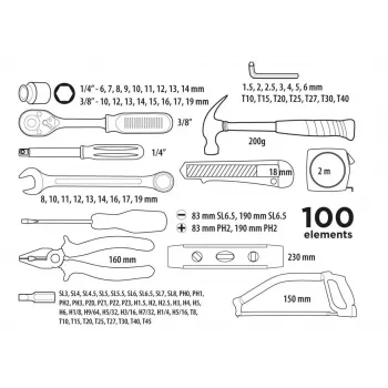 Top Tools 100-dielna sada nástrčných kľúčov a nástrojov s 1/4 palca a 3/8 palca pohonom, chróm-vanádiová oceľ, 72-zubová račňa a plastový kufrík
