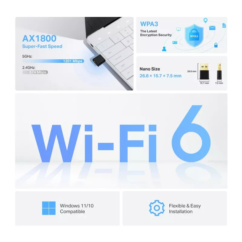 TP-LINK Archer TX1800U Nano AX1800 Dual Band Wi-Fi 6 USB adaptér, 1.8 Gbps