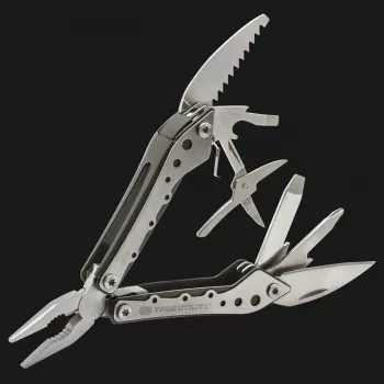 True Utility Minimulti 10-in-1 vreckový multitool s kliešťami, nožom, pílkou, skrutkovačmi, otváračom na fľaše, očkom na kľúčenku, strieborný