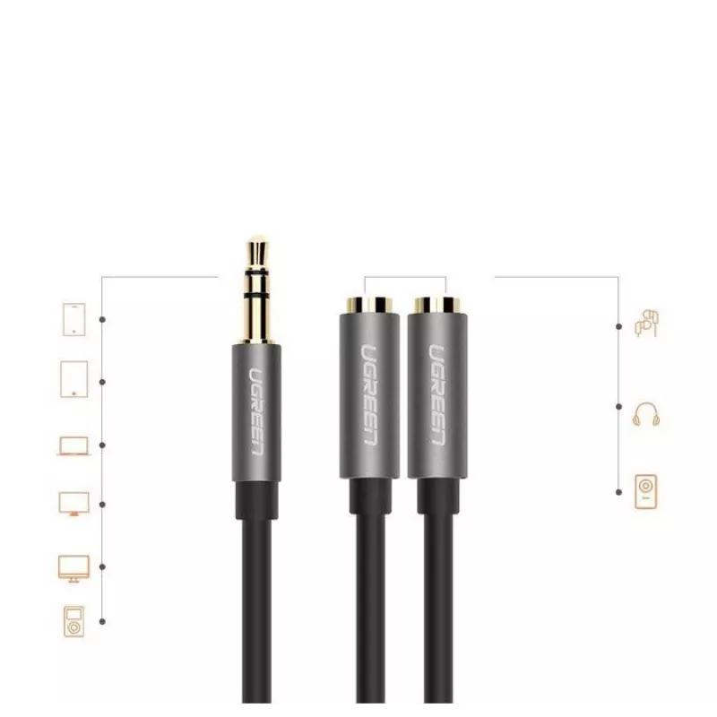 UGREEN 3,5mm Aux stereo audio rozbočovač kábel s opletom 20cm čierny