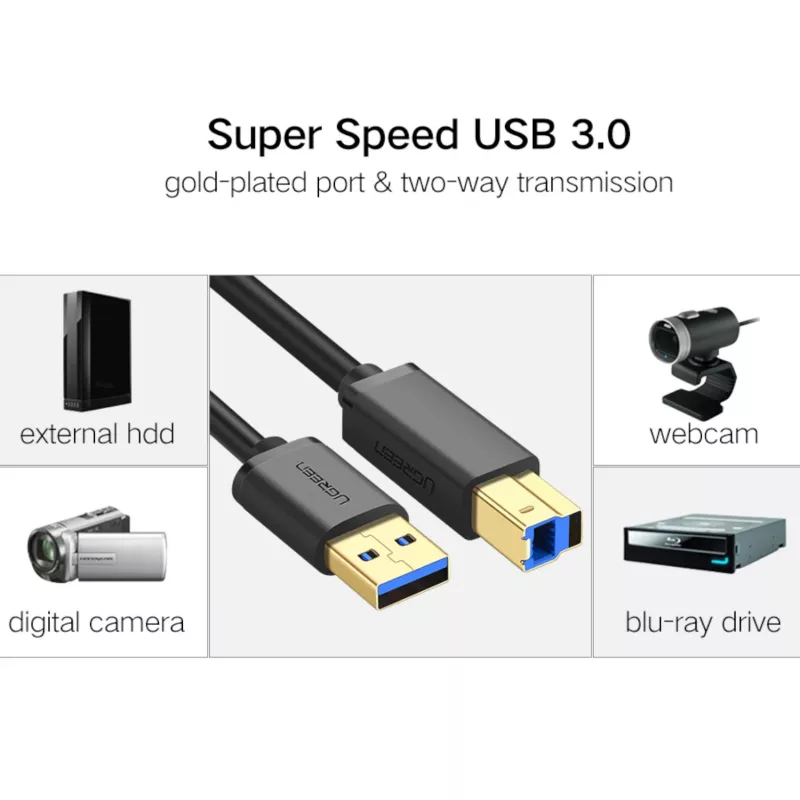 UGREEN US210 USB 3.0 A na B kábel, 2m, čierna