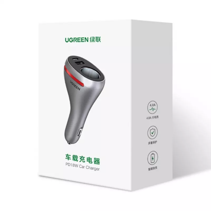 UGREEN USB Type-C / USB QC PD 24W autonabíjačka so zásuvkou 12V cigaretového zapaľovača strieborná (CD204)
