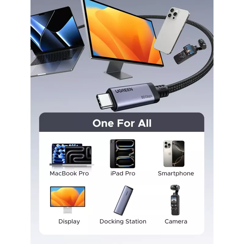 UGREEN USB4 USB-C na USB-C kábel 240W 40Gbps 16K@60Hz 80Gbps Thunderbolt 4 kompatibilný 1m nylonový pletený