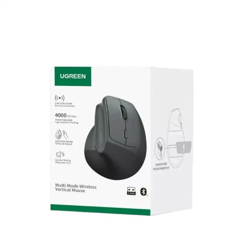 UGREEN bezdrôtová vertikálna myš, 2,4 GHz / Bluetooth 5.4, nastaviteľné DPI, čierna