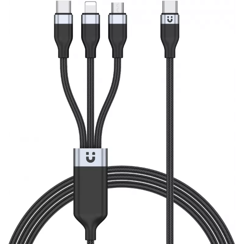 UNITEK 3-in-1 USB-A na Lightning, USB-C, Micro USB nylonový opletený nabíjací kábel 1,5 m čierny