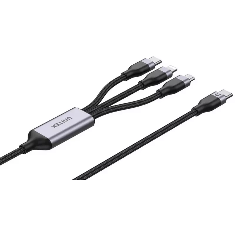 UNITEK 3-in-1 USB-A na Lightning, USB-C, Micro USB nylonový opletený nabíjací kábel 1,5 m čierny