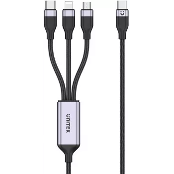 UNITEK 3-in-1 USB-A na Lightning, USB-C, Micro USB nylonový opletený nabíjací kábel 1,5 m čierny