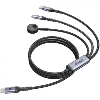 UNITEK 3-in-1 USB-C + Lightning + Apple Watch nabíjací kábel, 100W PD, 480 Mbps, 1,2 m, čierny