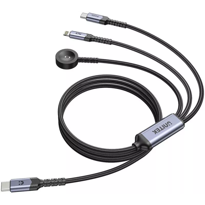 UNITEK 3-in-1 USB-C + Lightning + Apple Watch nabíjací kábel, 100W PD, 480 Mbps, 1,2 m, čierny