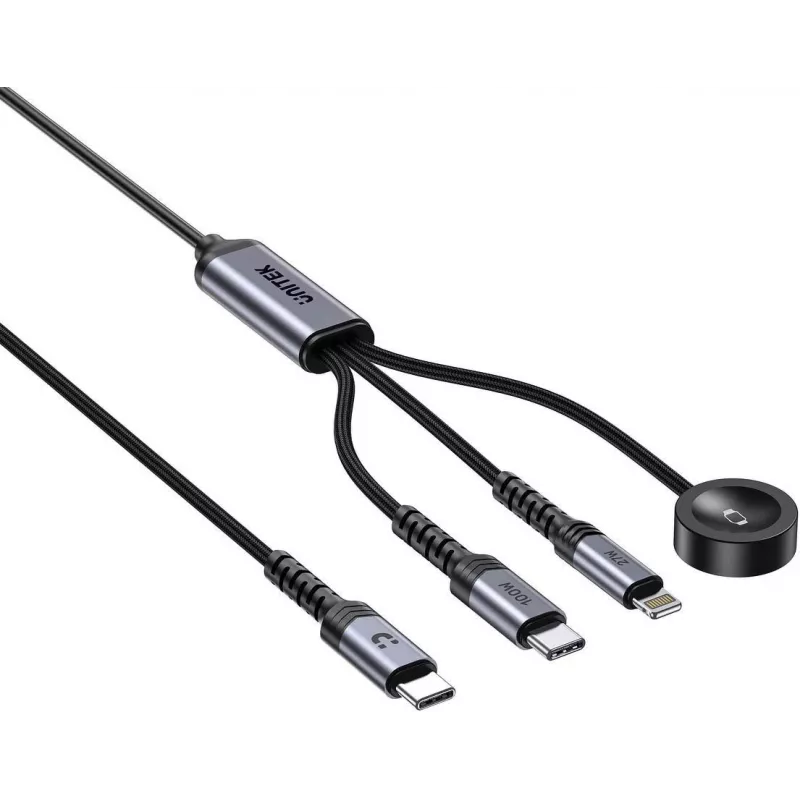 UNITEK 3-in-1 USB-C + Lightning + Apple Watch nabíjací kábel, 100W PD, 480 Mbps, 1,2 m, čierny