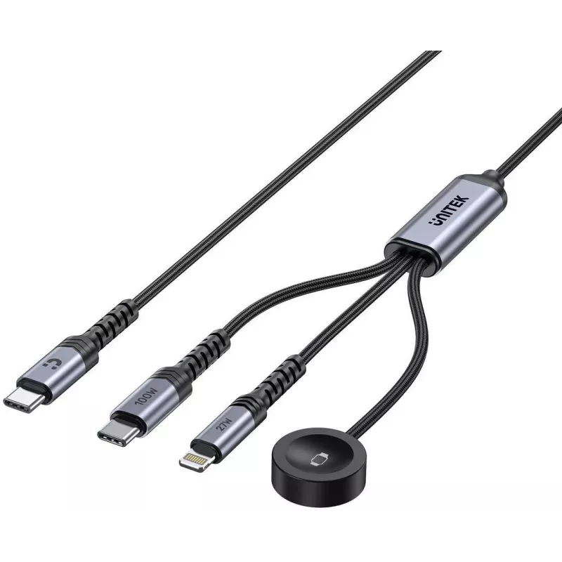 UNITEK 3-in-1 USB-C + Lightning + Apple Watch nabíjací kábel, 100W PD, 480 Mbps, 1,2 m, čierny