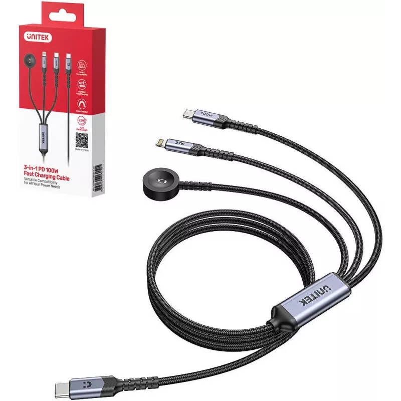 UNITEK 3-in-1 USB-C + Lightning + Apple Watch nabíjací kábel, 100W PD, 480 Mbps, 1,2 m, čierny