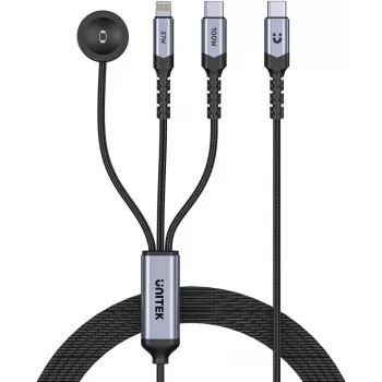 UNITEK 3-in-1 USB-C + Lightning + Apple Watch nabíjací kábel, 100W PD, 480 Mbps, 1,2 m, čierny