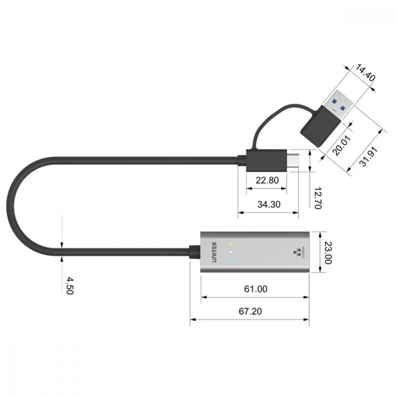 UNITEK USB-A/C 3.1 Gen 1 na RJ45 2.5 Gigabit Ethernet adaptér U1313C