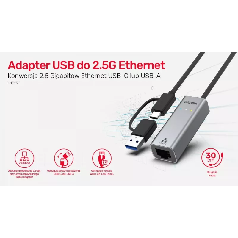 UNITEK USB-A/C 3.1 Gen 1 na RJ45 2.5 Gigabit Ethernet adaptér U1313C