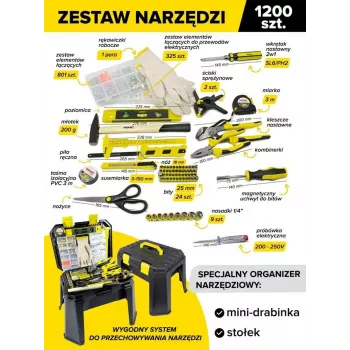 Univerzálna sada nástrojov a spojovacieho materiálu 1200 kusov 1/4 palca 6-hran s račňou, nástrčnými kľúčmi, skrutkovačmi, kľúčmi, imbusovými kľúčmi, kliešťami, kladivom, nožom, meradlom, vodováhou, skrutkami, maticami, podložkami, hmoždinkami, klincami, izol