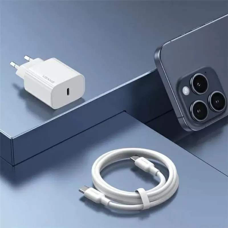 USAMS Yi Series T65 20W PD rýchla nabíjačka s káblom USB-C na USB-C 60W, biela (OYXLTZ01)