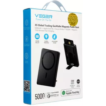 Veger GeoWallet Tracker X5 5000 mAh 20W PD QC 3.0 MFi MagSafe USB-C power banka - čierna