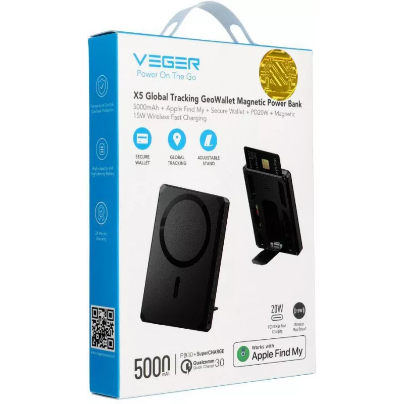 Veger GeoWallet Tracker X5 5000 mAh 20W PD QC 3.0 MFi MagSafe USB-C power banka - čierna