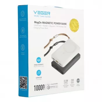 Veger MagOn power banka 10000 mAh biela - kompatibilná s MagSafe, PD QC3.0 20W bezdrôtové nabíjanie