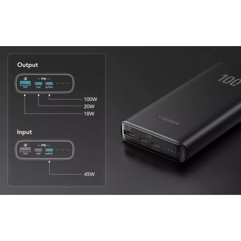 Veger Powerbank T100 (W2032C-100) PD QC3.0 5A 100W 20000 mAh čierna