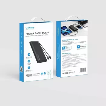 VEGER TCE130 130W PD power banka 25000mAh s integrovanými USB-C a Lightning káblami, čierna