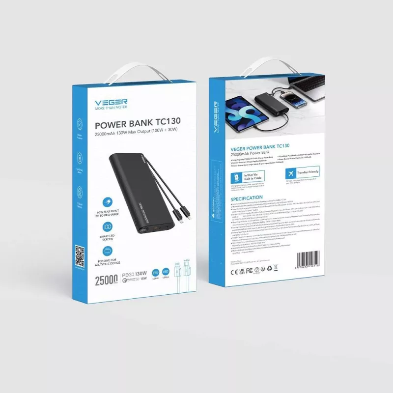 VEGER TCE130 130W PD power banka 25000mAh s integrovanými USB-C a Lightning káblami, čierna