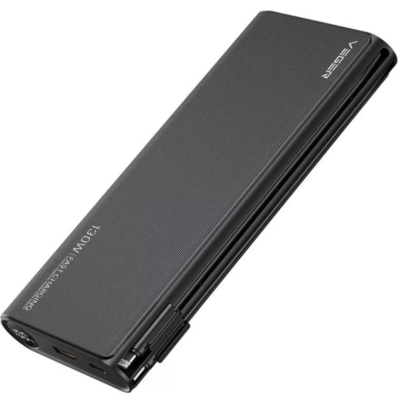 VEGER TCE130 130W PD power banka 25000mAh s integrovanými USB-C a Lightning káblami, čierna