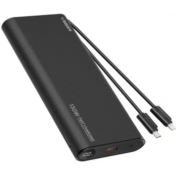 VEGER TCE130 130W PD power banka 25000mAh s integrovanými USB-C a Lightning káblami, čierna