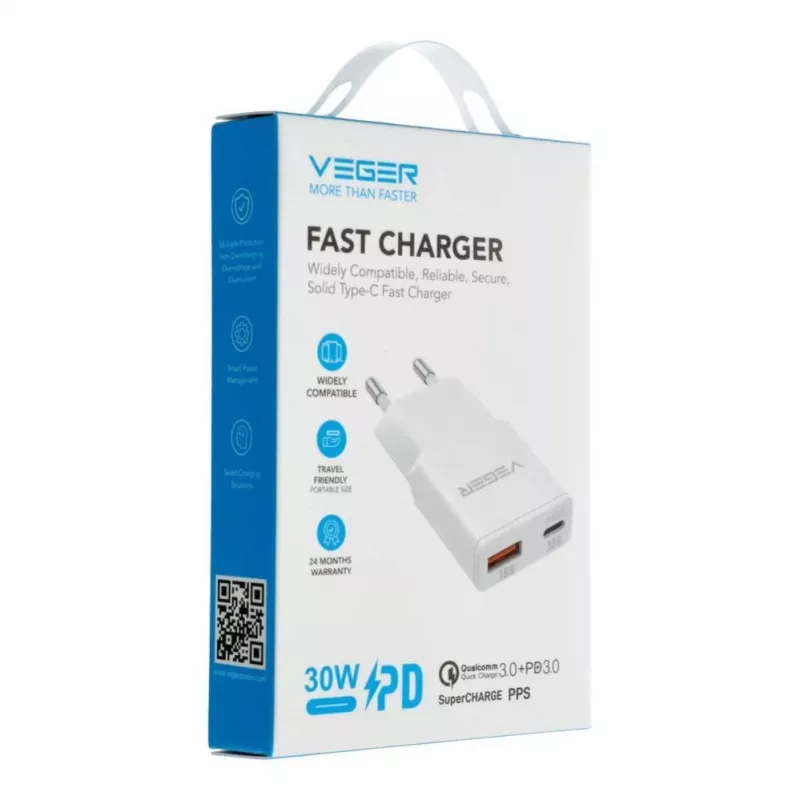 VEGER USB-A + USB-C QC PD 30W nástenná nabíjačka 30W1A1C biela