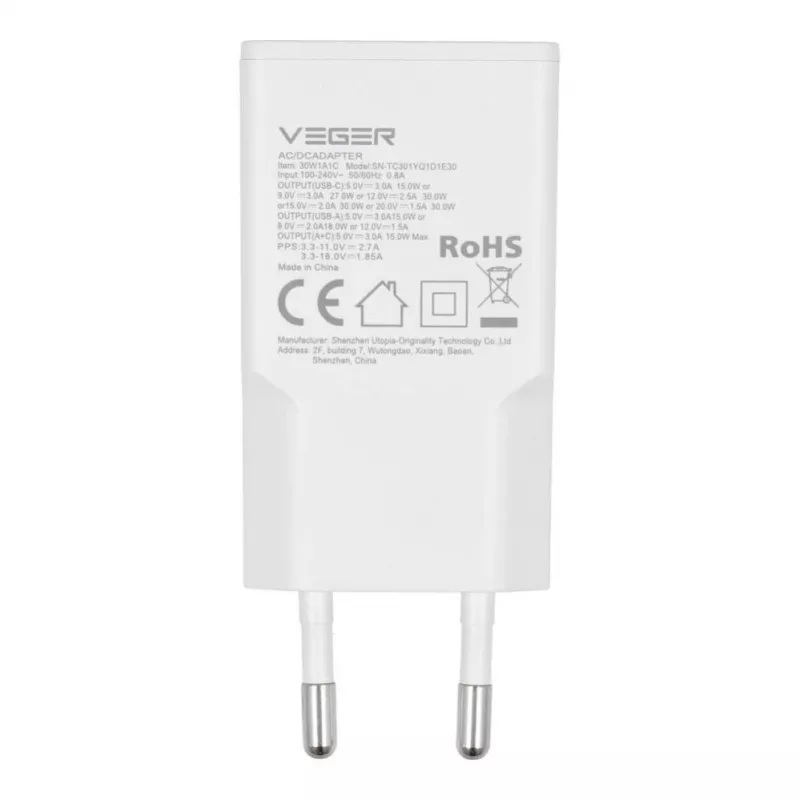 VEGER USB-A + USB-C QC PD 30W nástenná nabíjačka 30W1A1C biela