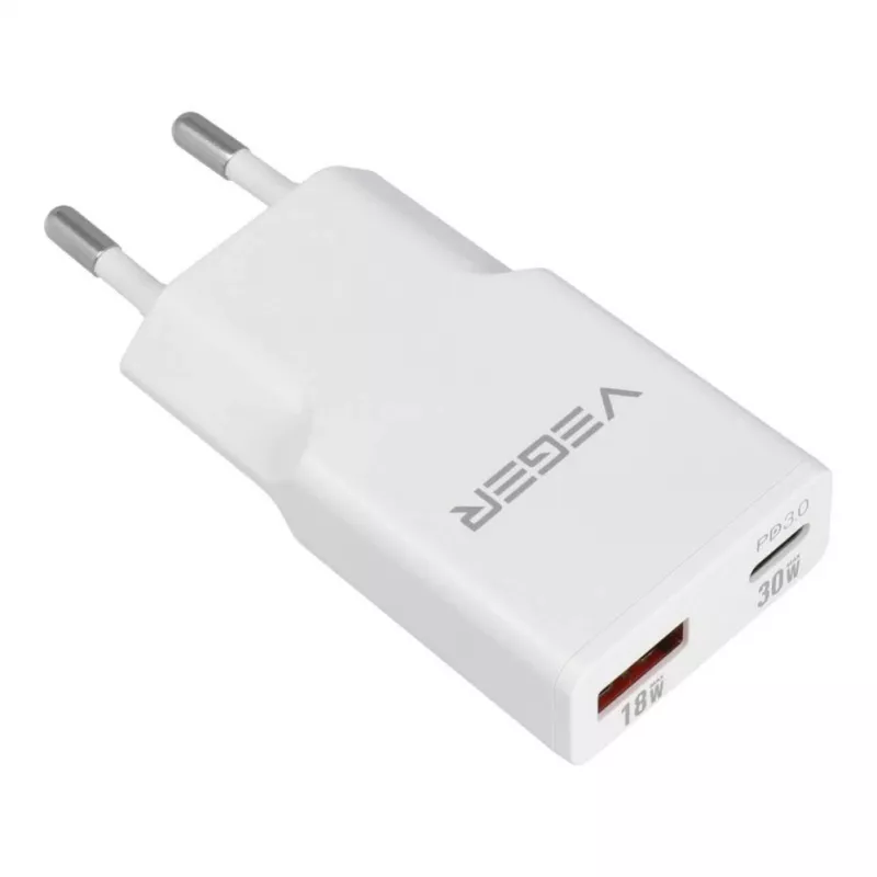 VEGER USB-A + USB-C QC PD 30W nástenná nabíjačka 30W1A1C biela