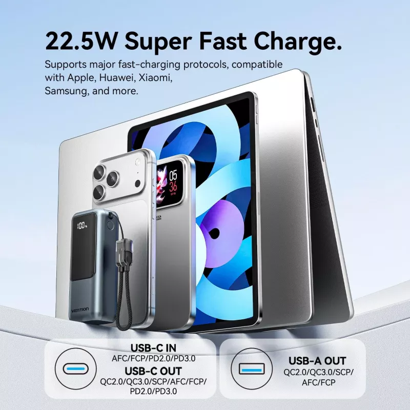 VENTION FKOH0 10000 mAh 22.5 W bezdrôtová power banka s USB-C PD & QC - čierna
