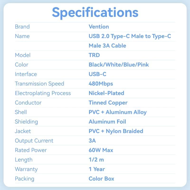 VENTION TRDBF USB-C na USB-C kábel 1m čierny