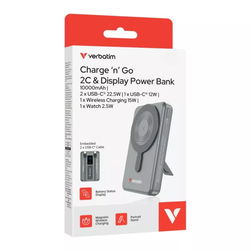 Verbatim Charge'n'Go powerbanka 2C & Display 10000 mAh sivá